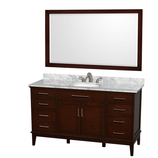 Hatton 60 inch Single Bathroom Vanity in Dark Chestnut, White Carrara Marble Countertop, Undermount Oval Sink, and 56 inch Mirror