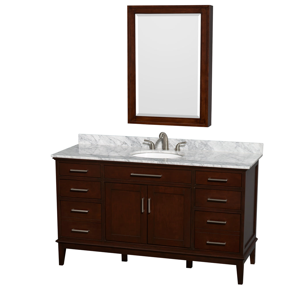 Hatton 60 inch Single Bathroom Vanity in Dark Chestnut, White Carrara Marble Countertop, Undermount Oval Sink, and Medicine Cabinet