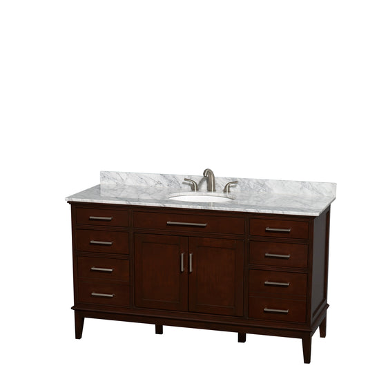 Hatton 60 inch Single Bathroom Vanity in Dark Chestnut, White Carrara Marble Countertop, Undermount Oval Sink, and No Mirror