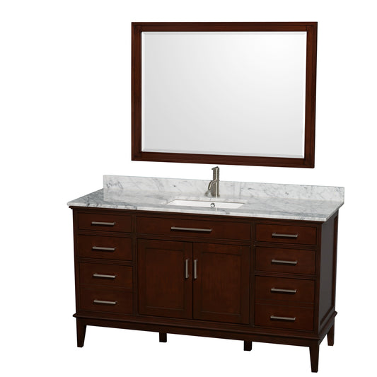 Hatton 60 inch Single Bathroom Vanity in Dark Chestnut, White Carrara Marble Countertop, Undermount Square Sink, and 44 inch Mirror