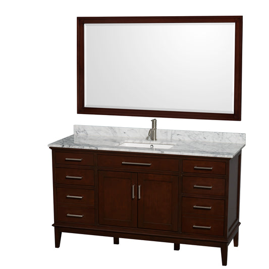 Hatton 60 inch Single Bathroom Vanity in Dark Chestnut, White Carrara Marble Countertop, Undermount Square Sink, and 56 inch Mirror