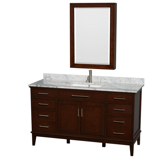 Hatton 60 inch Single Bathroom Vanity in Dark Chestnut, White Carrara Marble Countertop, Undermount Square Sink, and Medicine Cabinet