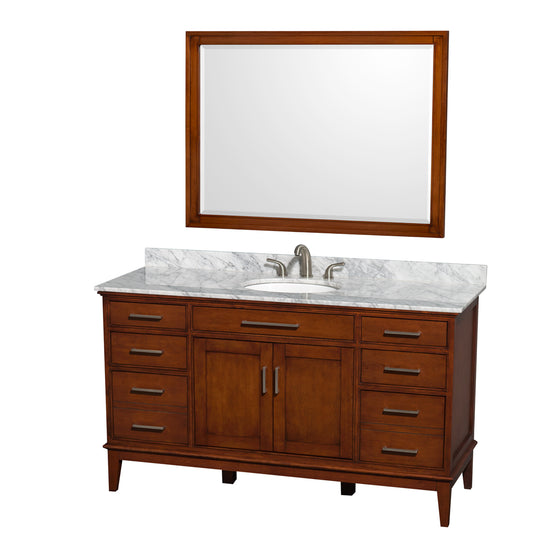 Hatton 60 inch Single Bathroom Vanity in Light Chestnut, White Carrara Marble Countertop, Undermount Oval Sink, and 44 inch Mirror