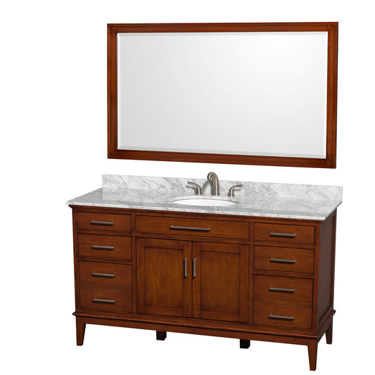 Hatton 60 inch Single Bathroom Vanity in Light Chestnut, White Carrara Marble Countertop, Undermount Oval Sink, and 56 inch Mirror