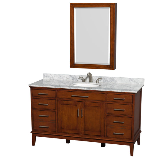 Hatton 60 inch Single Bathroom Vanity in Light Chestnut, White Carrara Marble Countertop, Undermount Oval Sink, and Medicine Cabinet