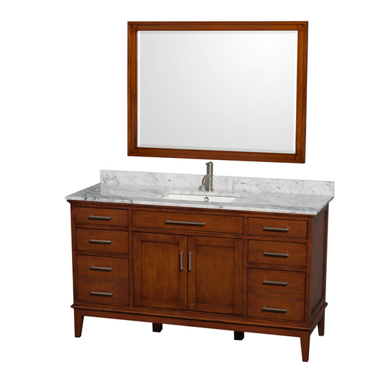 Hatton 60 inch Single Bathroom Vanity in Light Chestnut, White Carrara Marble Countertop, Undermount Square Sink, and 44 inch Mirror