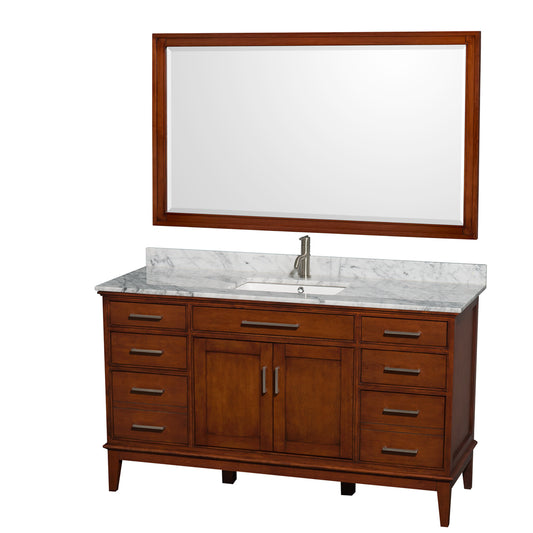 Hatton 60 inch Single Bathroom Vanity in Light Chestnut, White Carrara Marble Countertop, Undermount Square Sink, and 56 inch Mirror