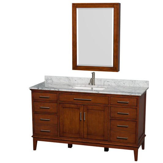 Hatton 60 inch Single Bathroom Vanity in Light Chestnut, White Carrara Marble Countertop, Undermount Square Sink, and Medicine Cabinet