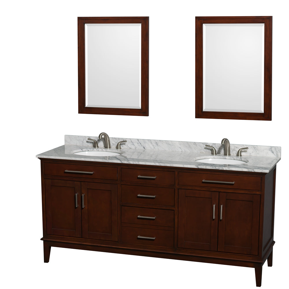 Hatton 72 inch Double Bathroom Vanity in Dark Chestnut, White Carrara Marble Countertop, Undermount Oval Sinks, and 24 inch Mirrors