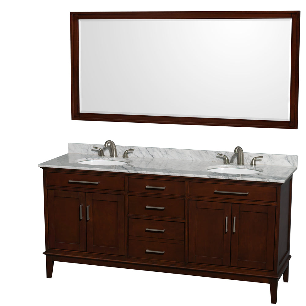 Hatton 72 inch Double Bathroom Vanity in Dark Chestnut, White Carrara Marble Countertop, Undermount Oval Sinks, and 70 inch Mirror