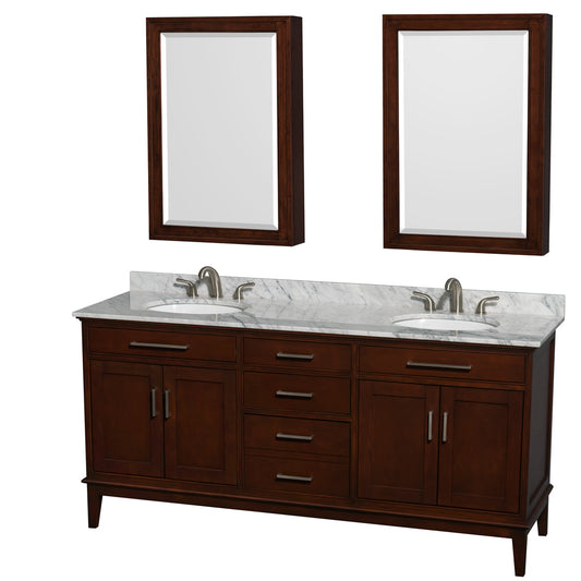 Hatton 72 inch Double Bathroom Vanity in Dark Chestnut, White Carrara Marble Countertop, Undermount Oval Sinks, and Medicine Cabinets