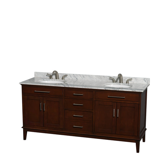 Hatton 72 inch Double Bathroom Vanity in Dark Chestnut, White Carrara Marble Countertop, Undermount Oval Sinks, and No Mirror