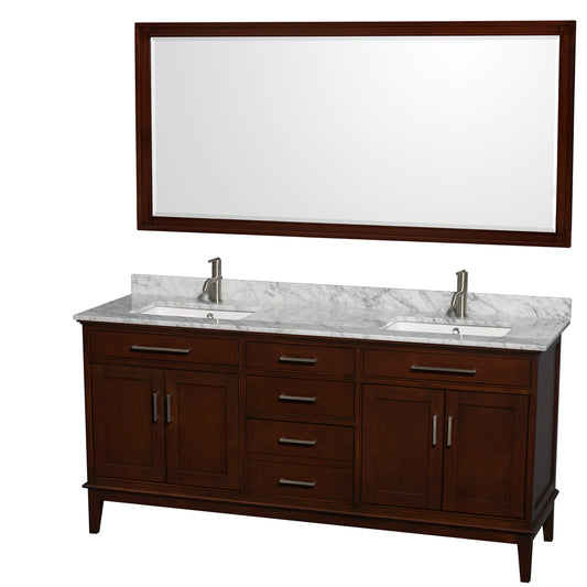 Hatton 72 inch Double Bathroom Vanity in Dark Chestnut, White Carrara Marble Countertop, Undermount Square Sinks, and 70 inch Mirror