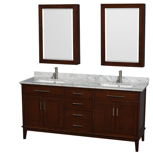 Hatton 72 inch Double Bathroom Vanity in Dark Chestnut, White Carrara Marble Countertop, Undermount Square Sinks, and Medicine Cabinets