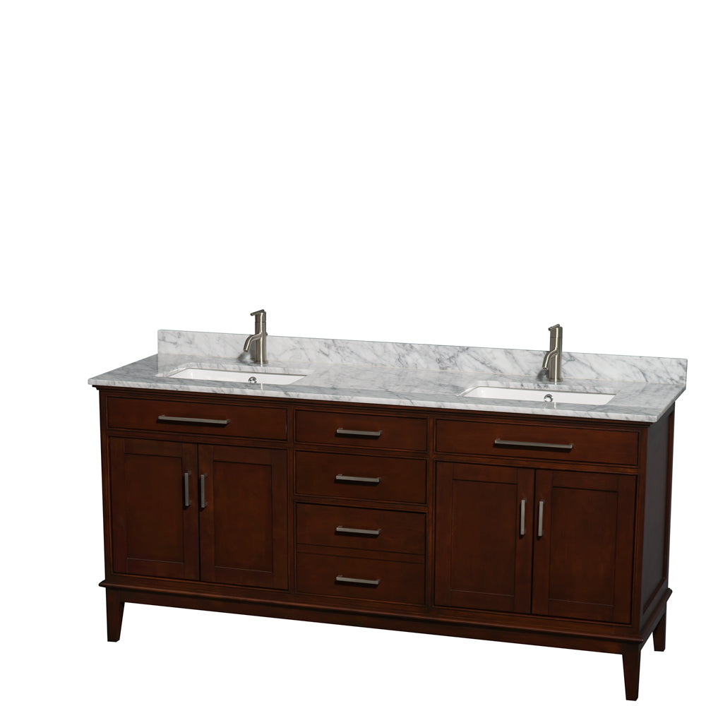 Hatton 72 inch Double Bathroom Vanity in Dark Chestnut, White Carrara Marble Countertop, Undermount Square Sinks, and No Mirror