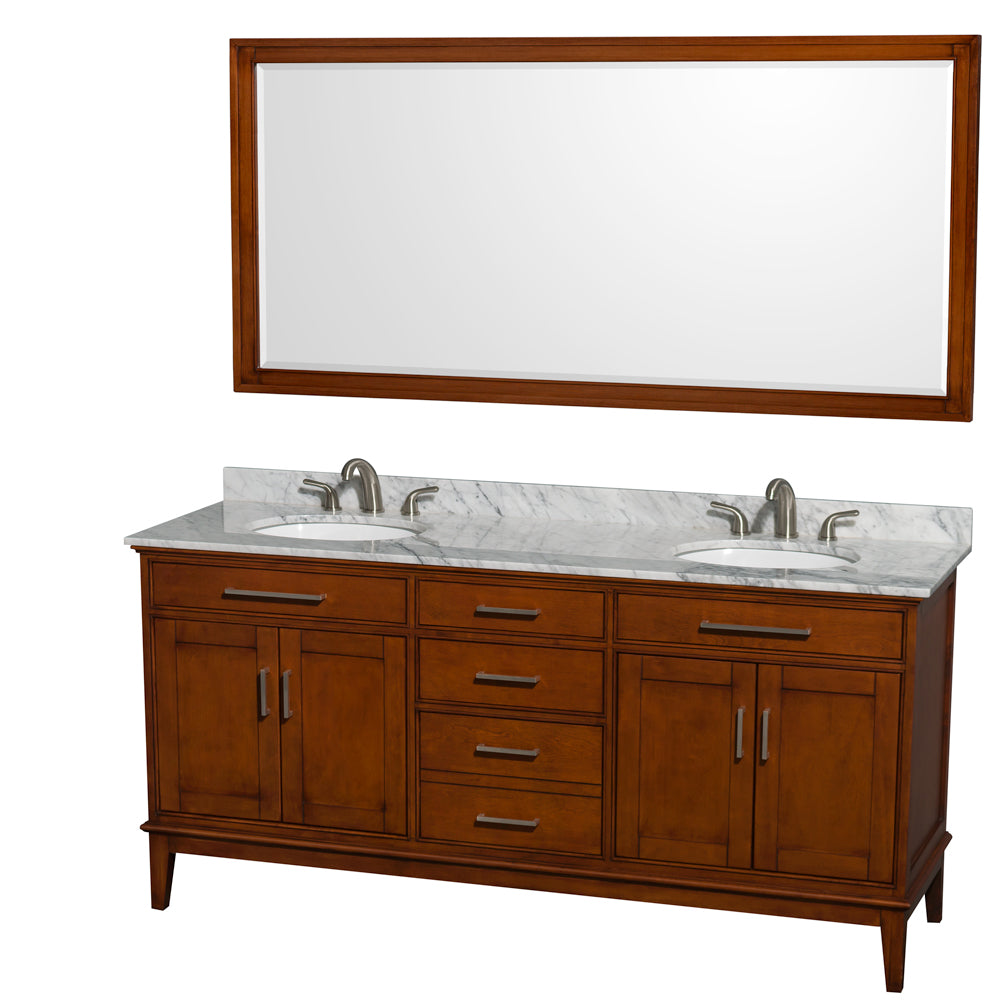 Hatton 72 inch Double Bathroom Vanity in Light Chestnut, White Carrara Marble Countertop, Undermount Oval Sinks, and 70 inch Mirror