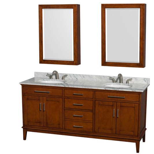 Hatton 72 inch Double Bathroom Vanity in Light Chestnut, White Carrara Marble Countertop, Undermount Oval Sinks, and Medicine Cabinets