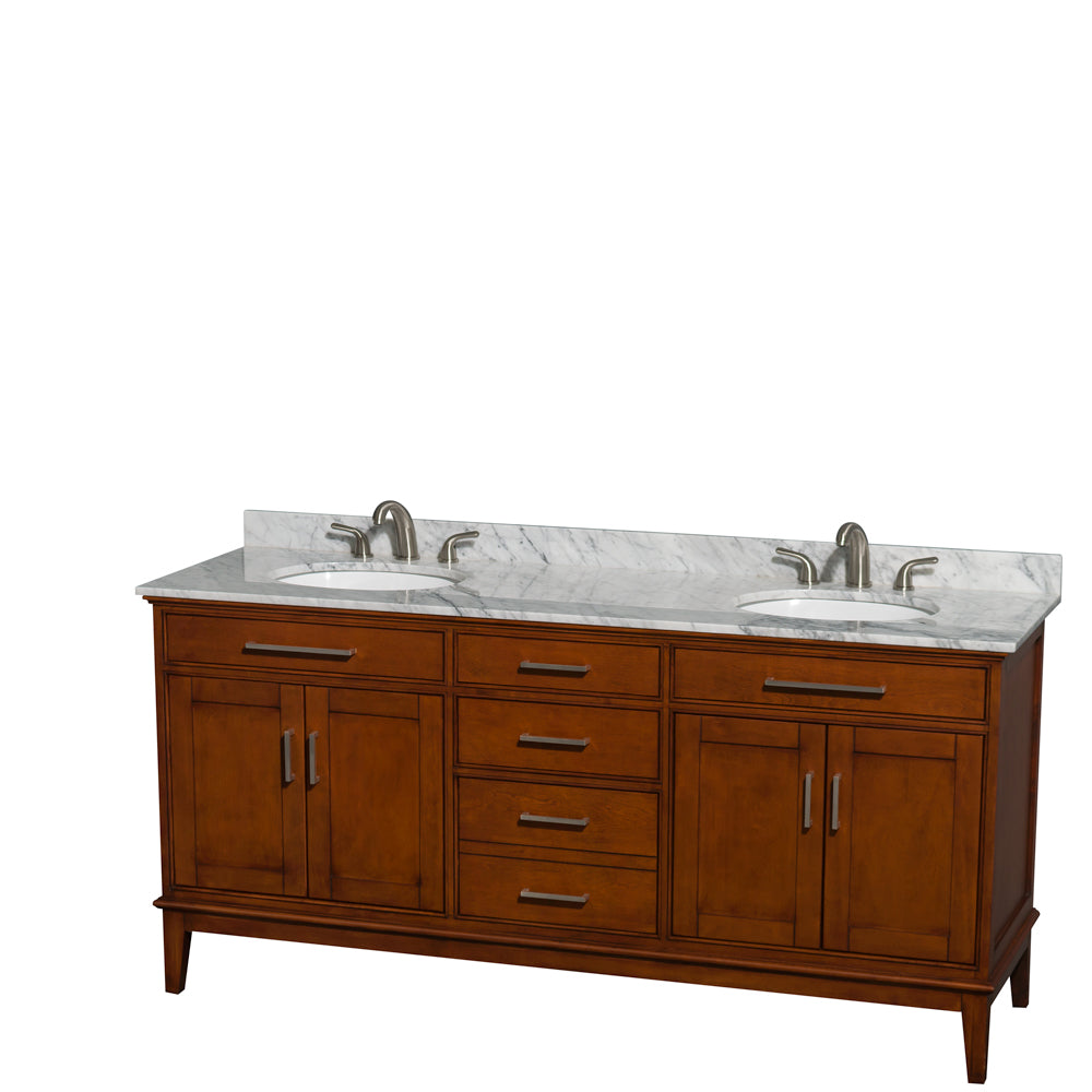 Hatton 72 inch Double Bathroom Vanity in Light Chestnut, White Carrara Marble Countertop, Undermount Oval Sinks, and No Mirror