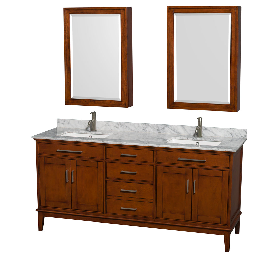 Hatton 72 inch Double Bathroom Vanity in Light Chestnut, White Carrara Marble Countertop, Undermount Square Sinks, and Medicine Cabinets