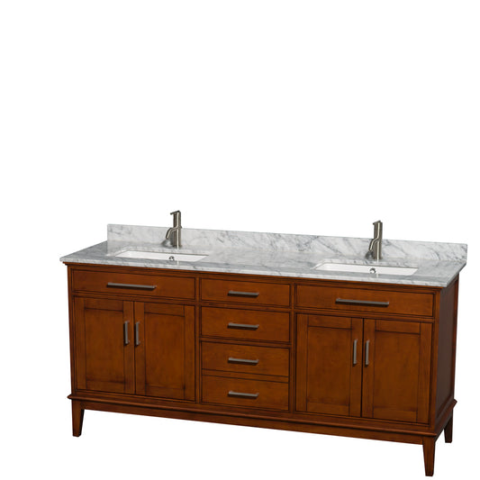 Hatton 72 inch Double Bathroom Vanity in Light Chestnut, White Carrara Marble Countertop, Undermount Square Sinks, and No Mirror