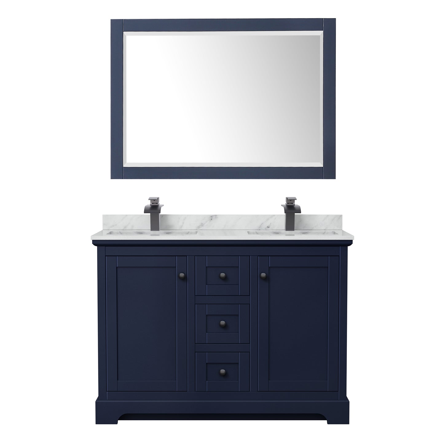Avery 48" Double Vanity in Dark Blue, Top, Square Matte Black Trim, 46" Mirror