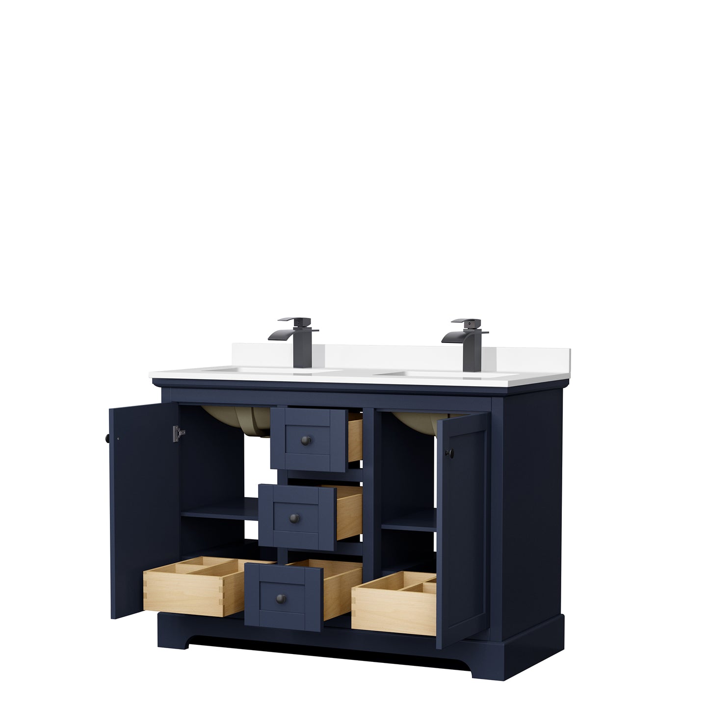 Avery 48" Double Vanity in Dark Blue, White Cultured Marble Top, Black Trim