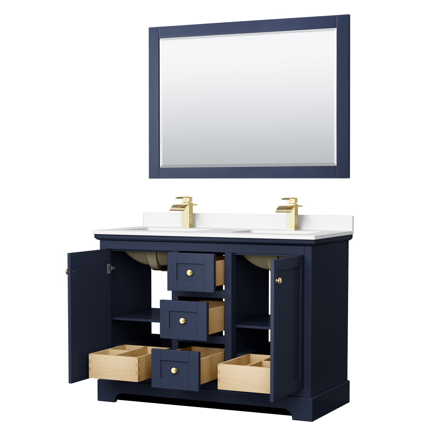 Avery 48" Double Vanity in Dark Blue, White Cultured Marble Top, 46" Mirror