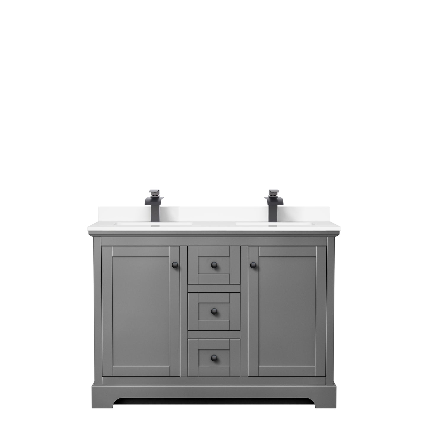 Avery 48" Double Vanity in Dark Gray, White Cultured Marble Top, Black Trim