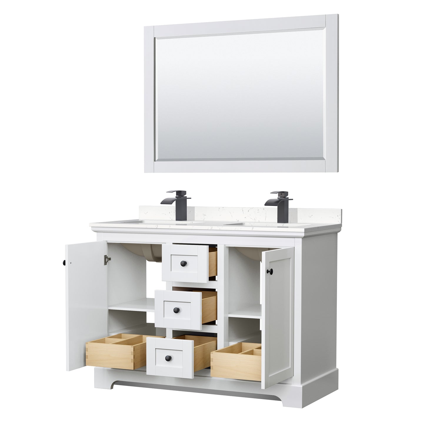 Avery 48" Double Vanity in White, Carrara Marble Top, Black Trim, 46" Mirror