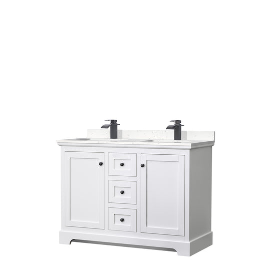 Avery 48" Double Vanity in White, Carrara Cultured Marble Top, Black Trim