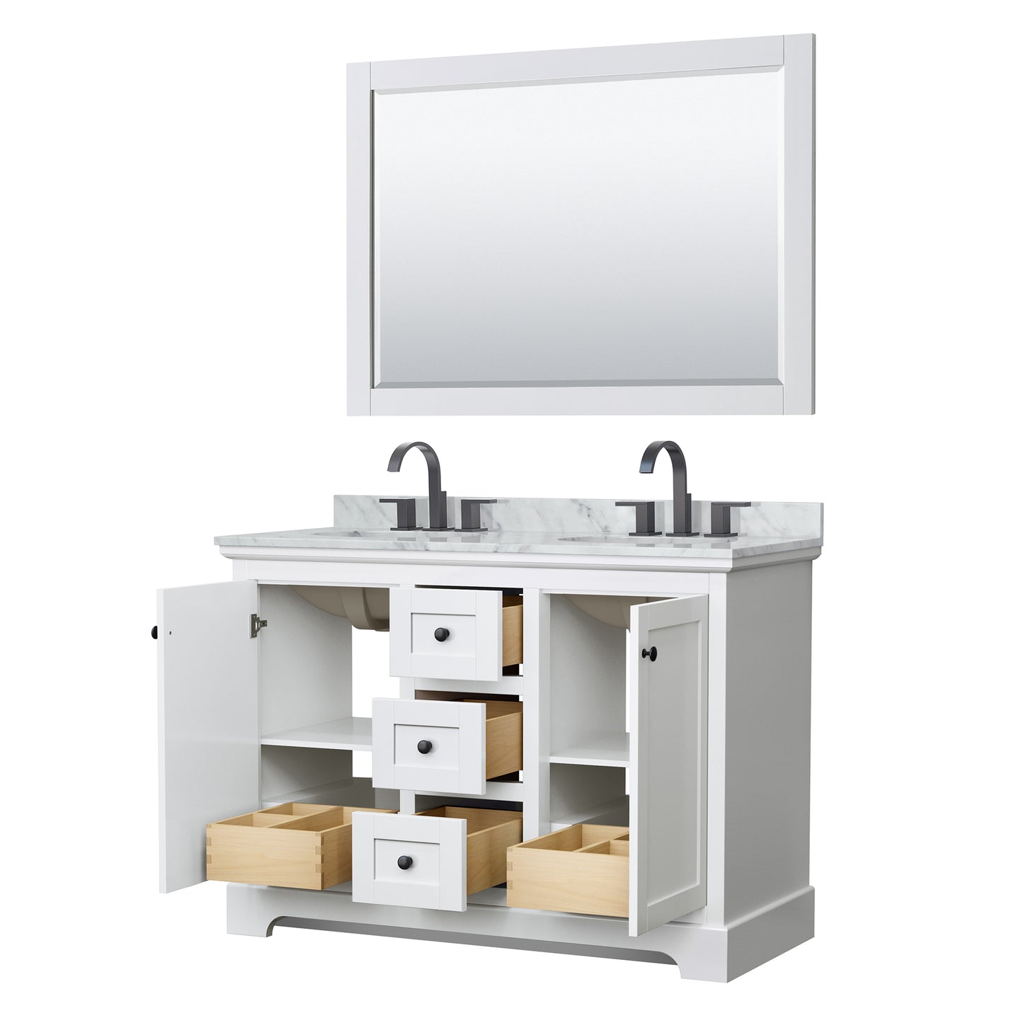 Avery 48" Double Vanity in White, Top, Oval Sinks, Matte Black Trim, 46" Mirror
