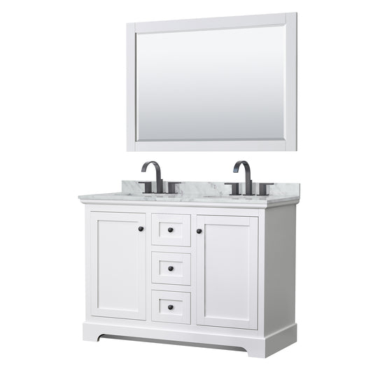 Avery 48" Double Vanity in White, Top, Oval Sinks, Matte Black Trim, 46" Mirror