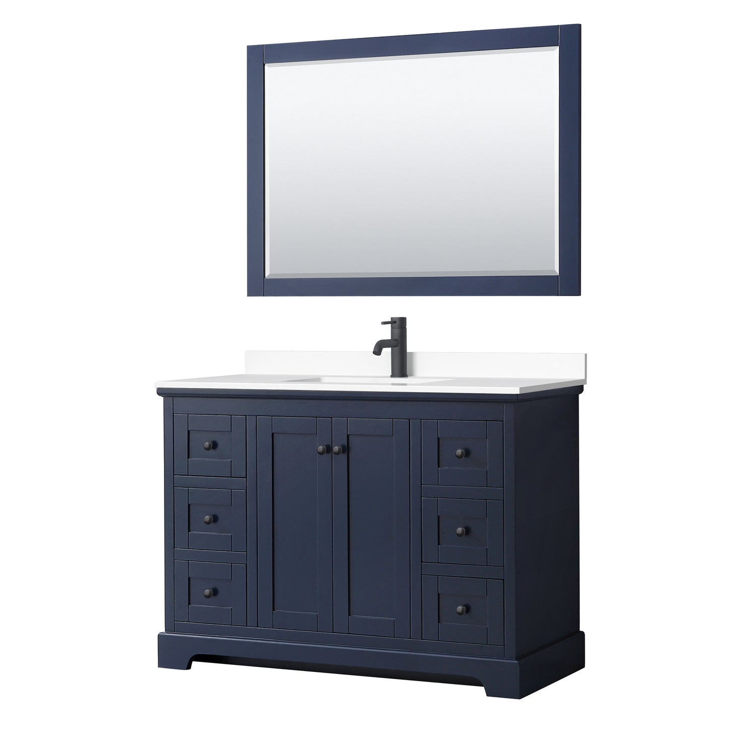 Avery 48" Single Vanity in Dark Blue, White Marble Top, Black Trim, 46" Mirror