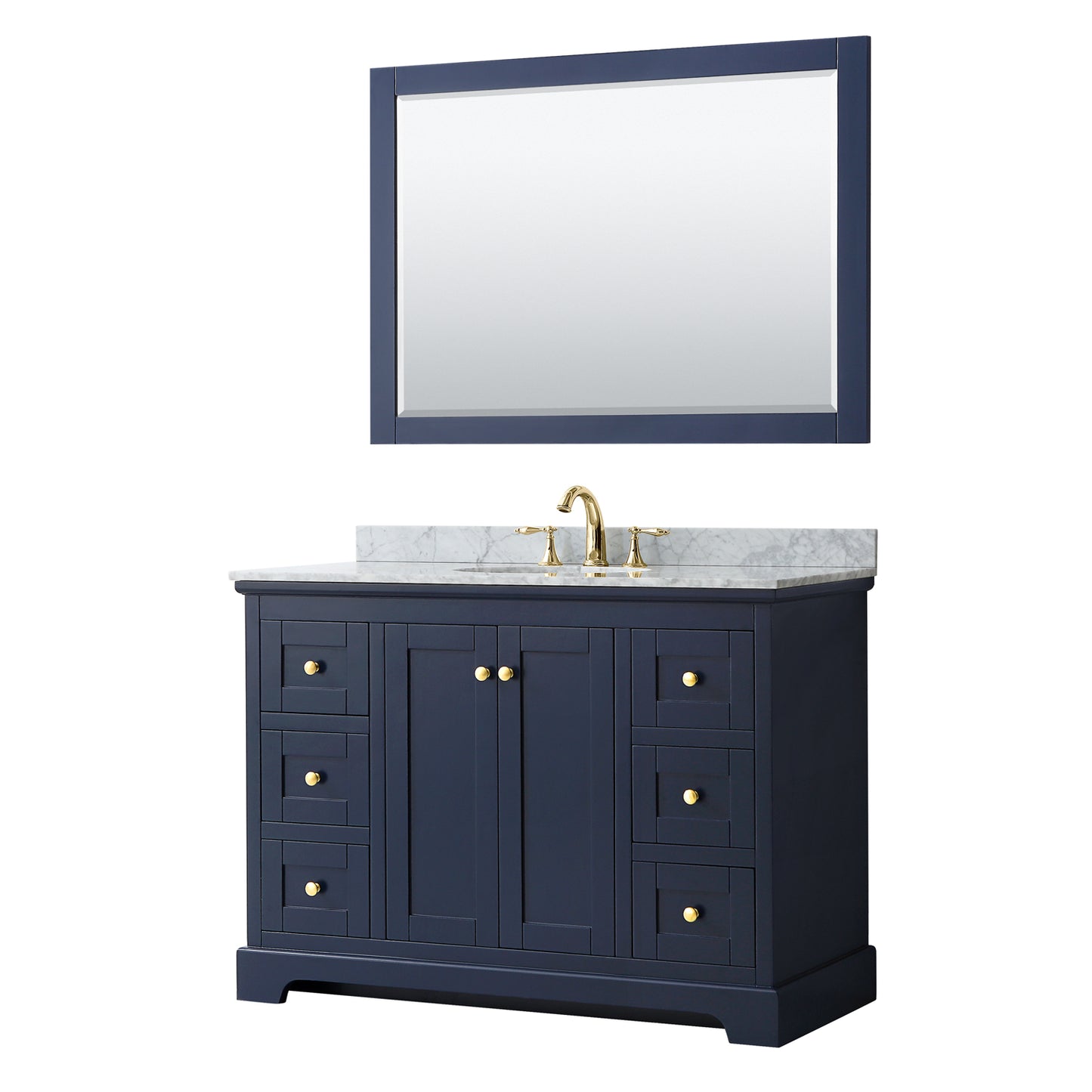 Avery 48 Inch Single Bathroom Vanity in Dark Blue, White Carrara Marble Countertop, Undermount Oval Sink, and 46 Inch Mirror