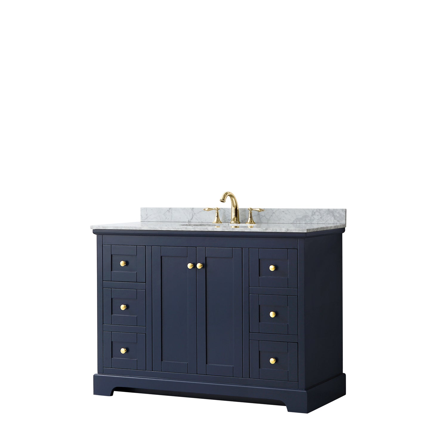 Avery 48 Inch Single Bathroom Vanity in Dark Blue, White Carrara Marble Countertop, Undermount Oval Sink, and No Mirror