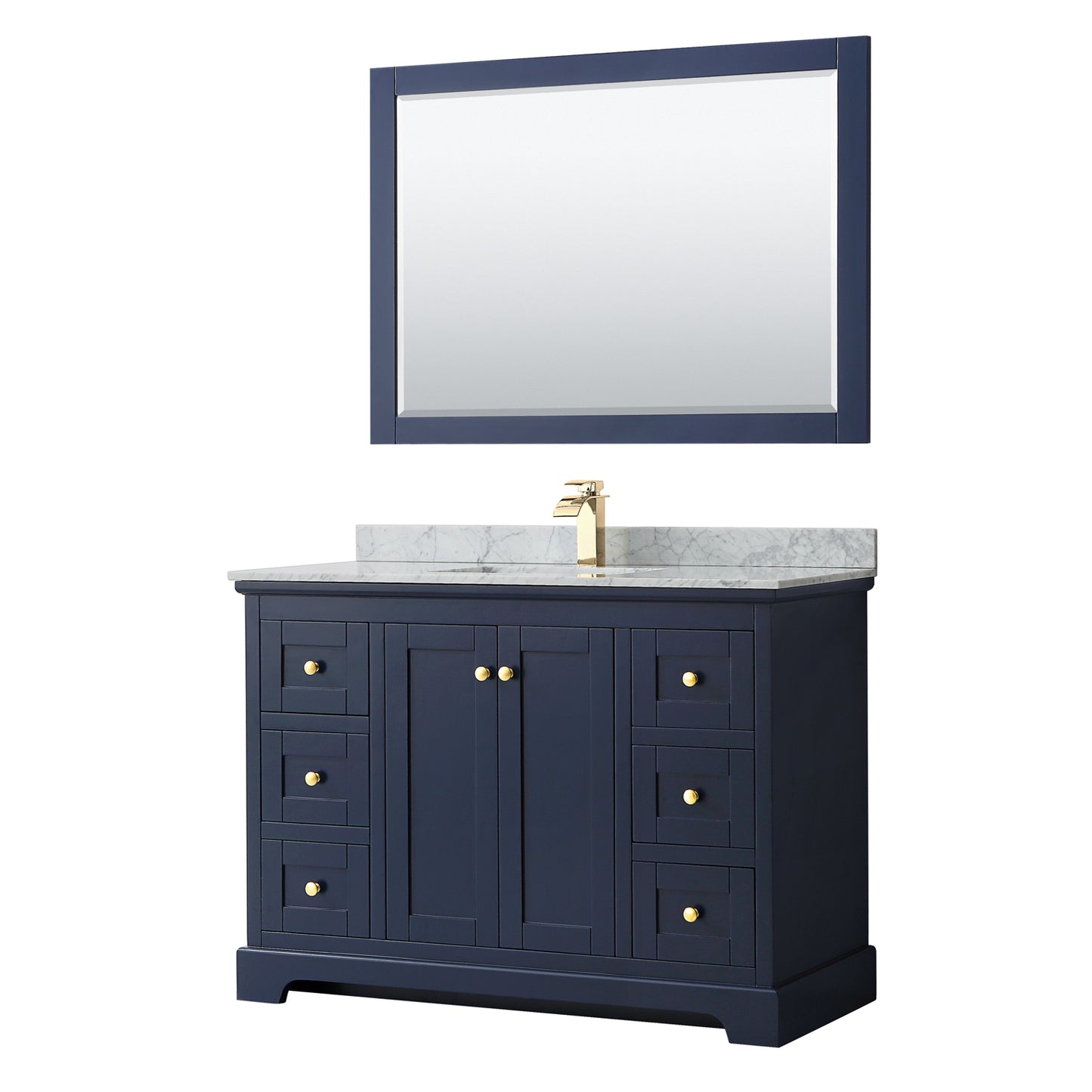 Avery 48 Inch Single Bathroom Vanity in Dark Blue, White Carrara Marble Countertop, Undermount Square Sink, and 46 Inch Mirror