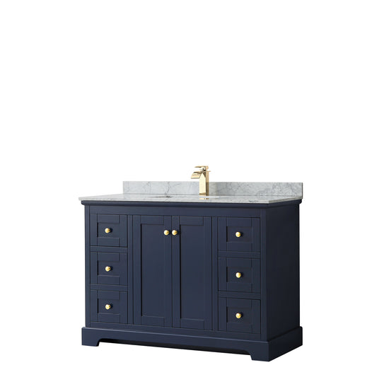 Avery 48 Inch Single Bathroom Vanity in Dark Blue, White Carrara Marble Countertop, Undermount Square Sink, and No Mirror