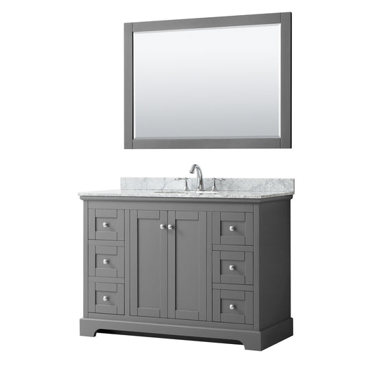 Avery 48 Inch Single Bathroom Vanity in Dark Gray, White Carrara Marble Countertop, Undermount Oval Sink, and 46 Inch Mirror