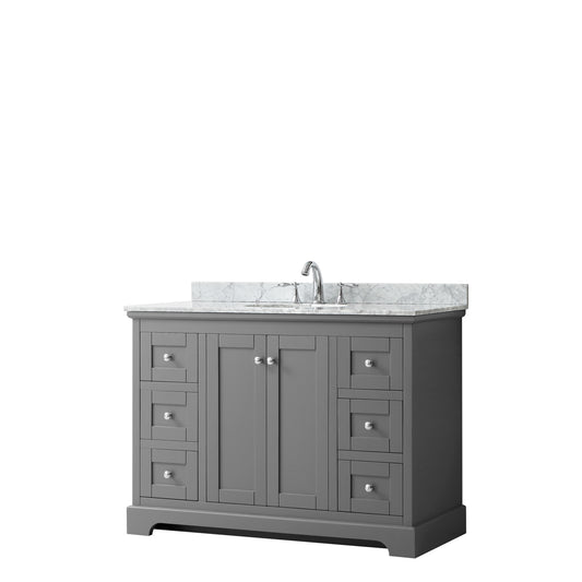 Avery 48 Inch Single Bathroom Vanity in Dark Gray, White Carrara Marble Countertop, Undermount Oval Sink, and No Mirror