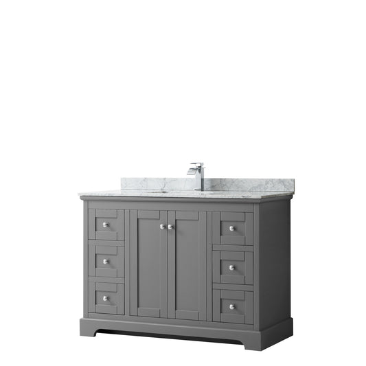 Avery 48 Inch Single Bathroom Vanity in Dark Gray, White Carrara Marble Countertop, Undermount Square Sink, and No Mirror