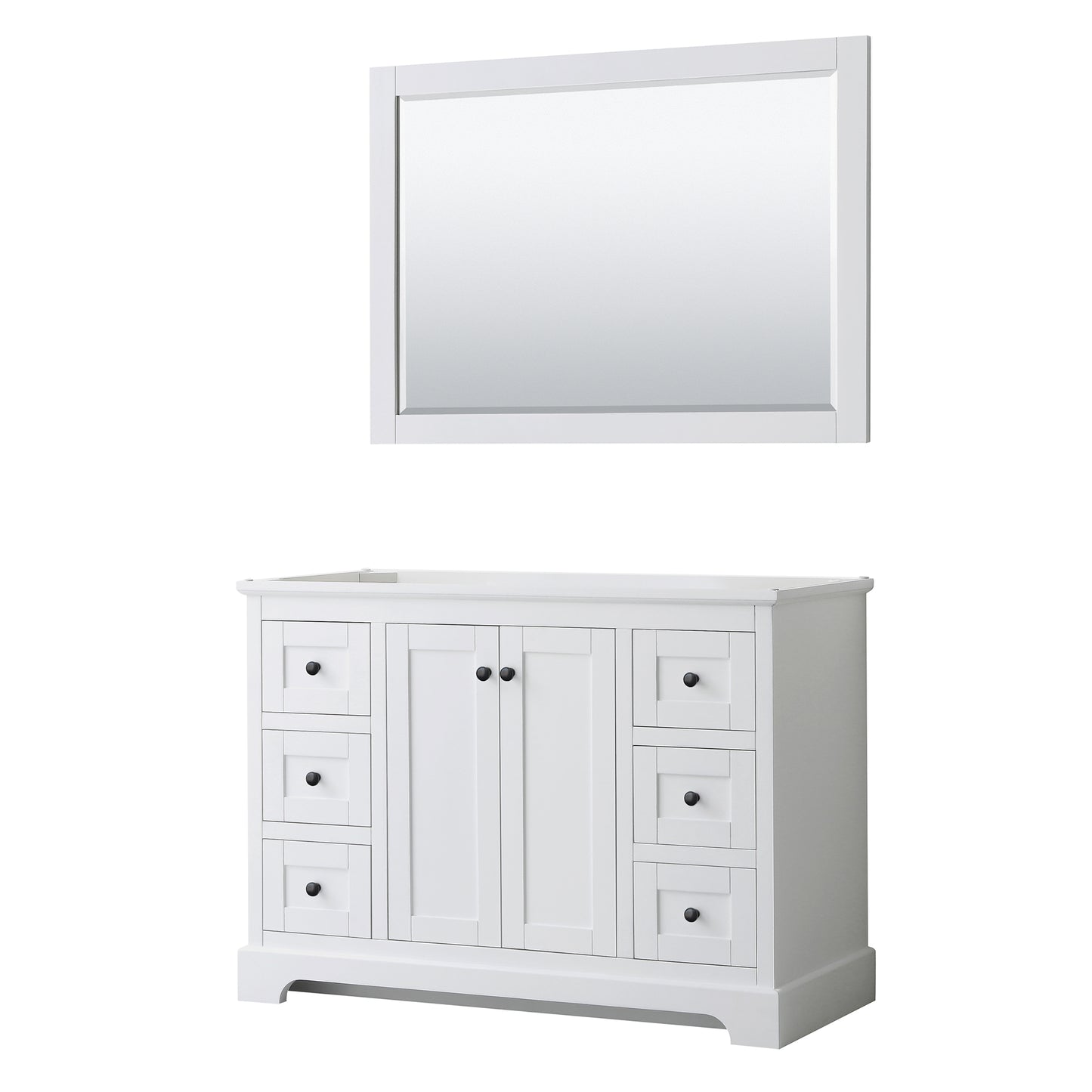 Avery 48" Single Vanity in White, No Top, No Sink, Matte Black Trim, 46" Mirror