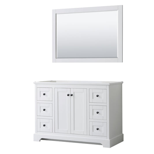 Avery 48" Single Vanity in White, No Top, No Sink, Matte Black Trim, 46" Mirror