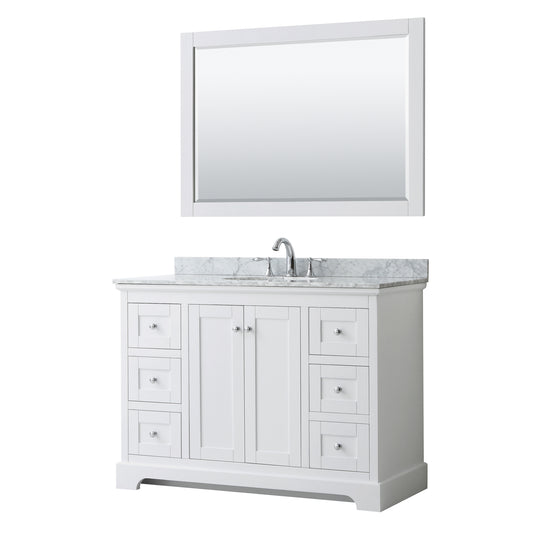 Avery 48 Inch Single Bathroom Vanity in White, White Carrara Marble Countertop, Undermount Oval Sink, and 46 Inch Mirror