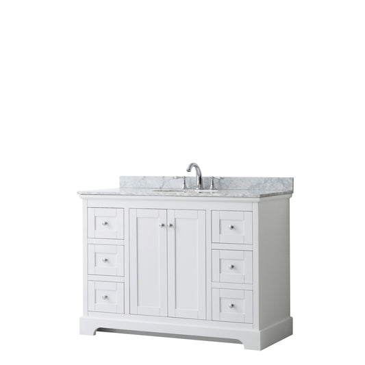 Avery 48 Inch Single Bathroom Vanity in White, White Carrara Marble Countertop, Undermount Oval Sink, and No Mirror