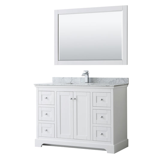 Avery 48 Inch Single Bathroom Vanity in White, White Carrara Marble Countertop, Undermount Square Sink, and 46 Inch Mirror