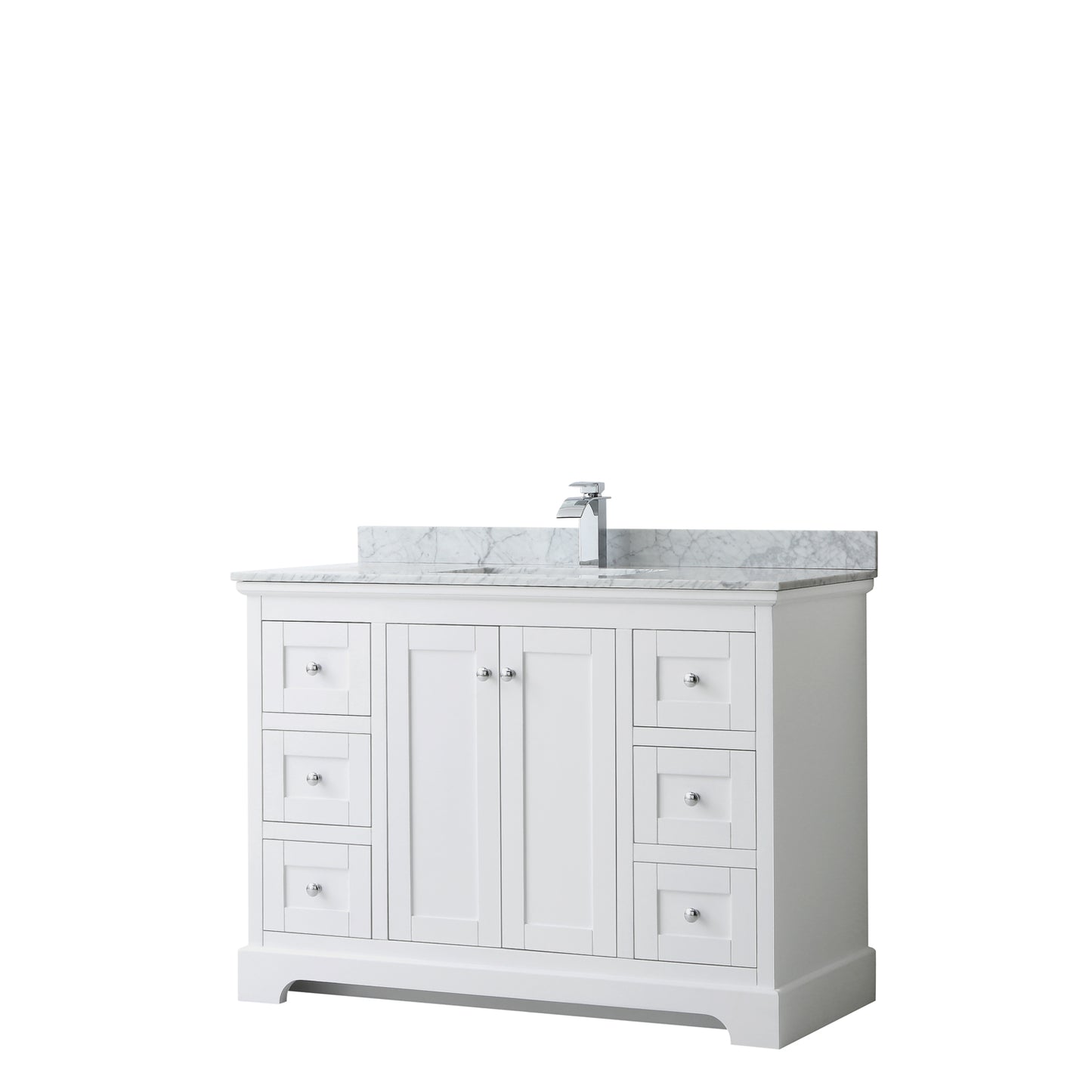 Avery 48 Inch Single Bathroom Vanity in White, White Carrara Marble Countertop, Undermount Square Sink, and No Mirror