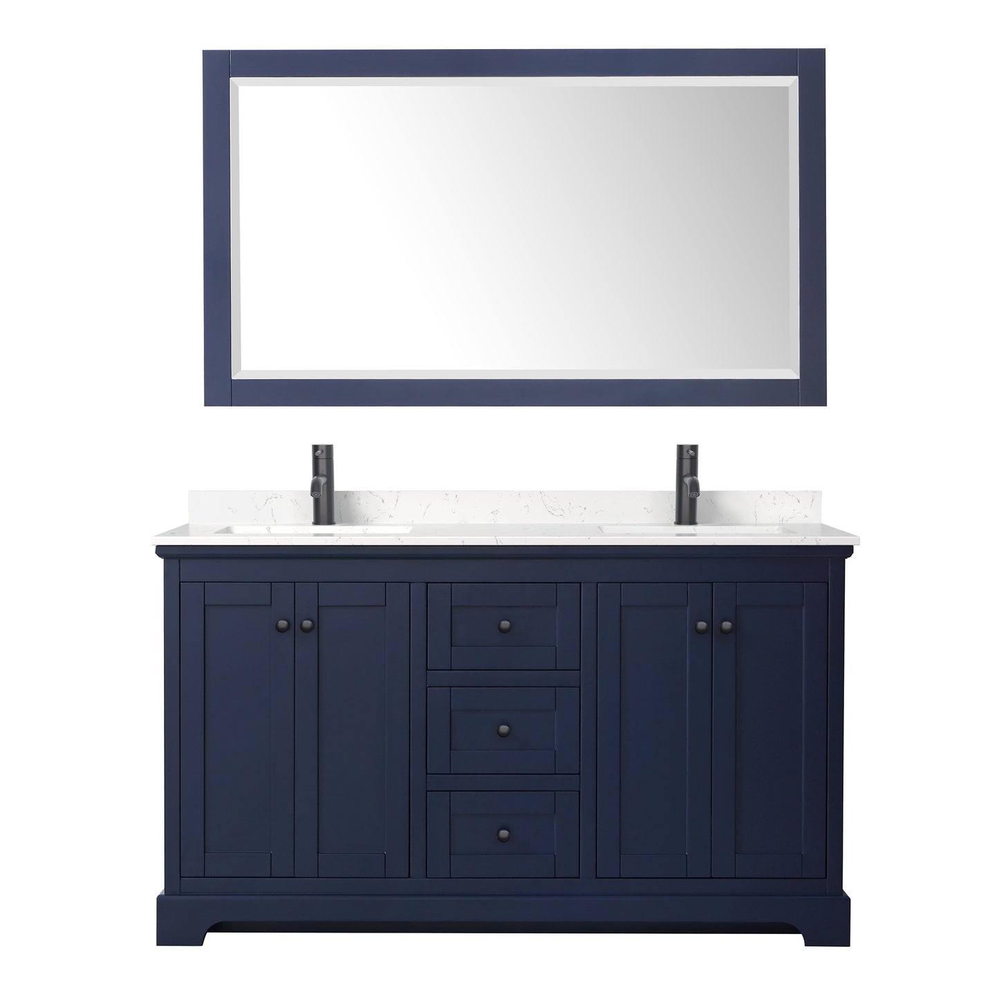 Avery 60" Double Vanity in Dark Blue, Carrara Marble Top, Black Trim, 58" Mirror