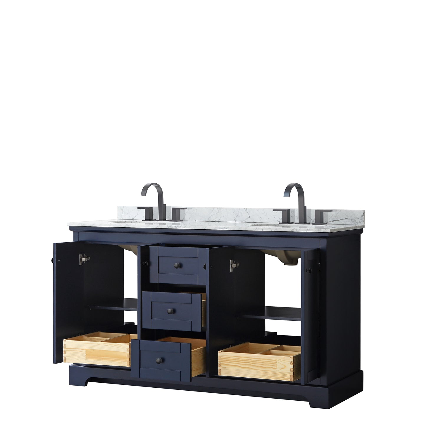 Avery 60" Double Vanity in Dark Blue, Top, Oval Sinks, Matte Black Trim