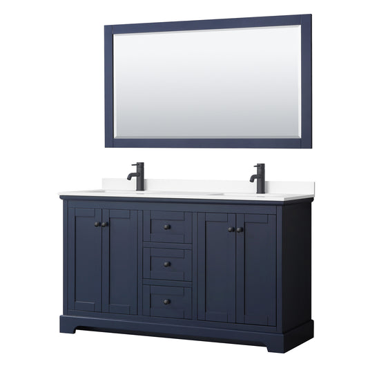 Avery 60" Double Vanity in Dark Blue, White Marble Top, Black Trim, 58" Mirror