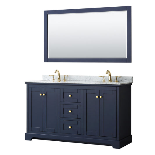 Avery 60 Inch Double Bathroom Vanity in Dark Blue, White Carrara Marble Countertop, Undermount Oval Sinks, and 58 Inch Mirror